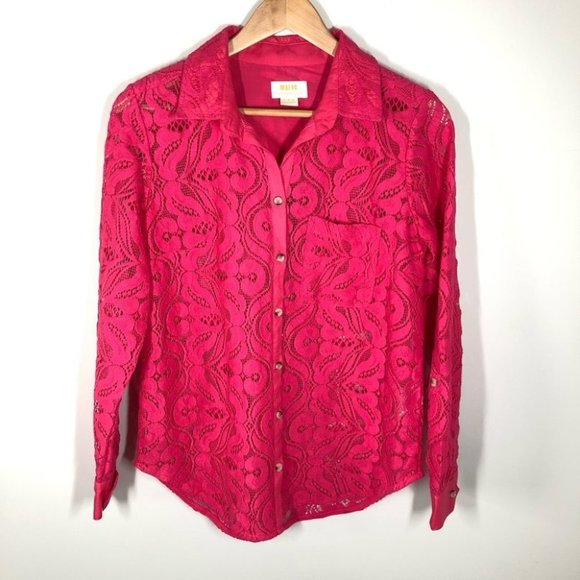 Anthropologie Tops - Anthropologie Maeve Hot Pink Lace Button Down Shirt  Size 6